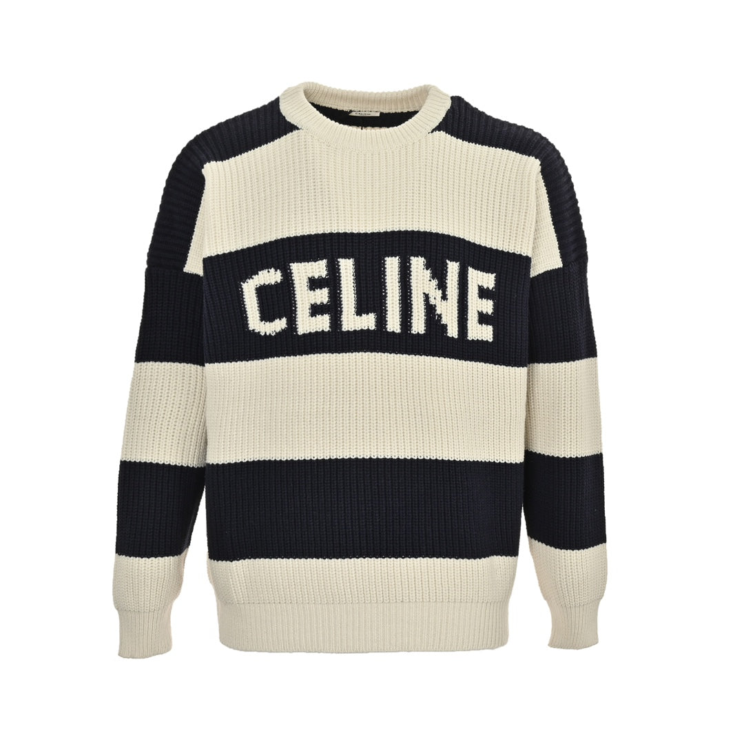 Black and white striped lettering crew neck sweater