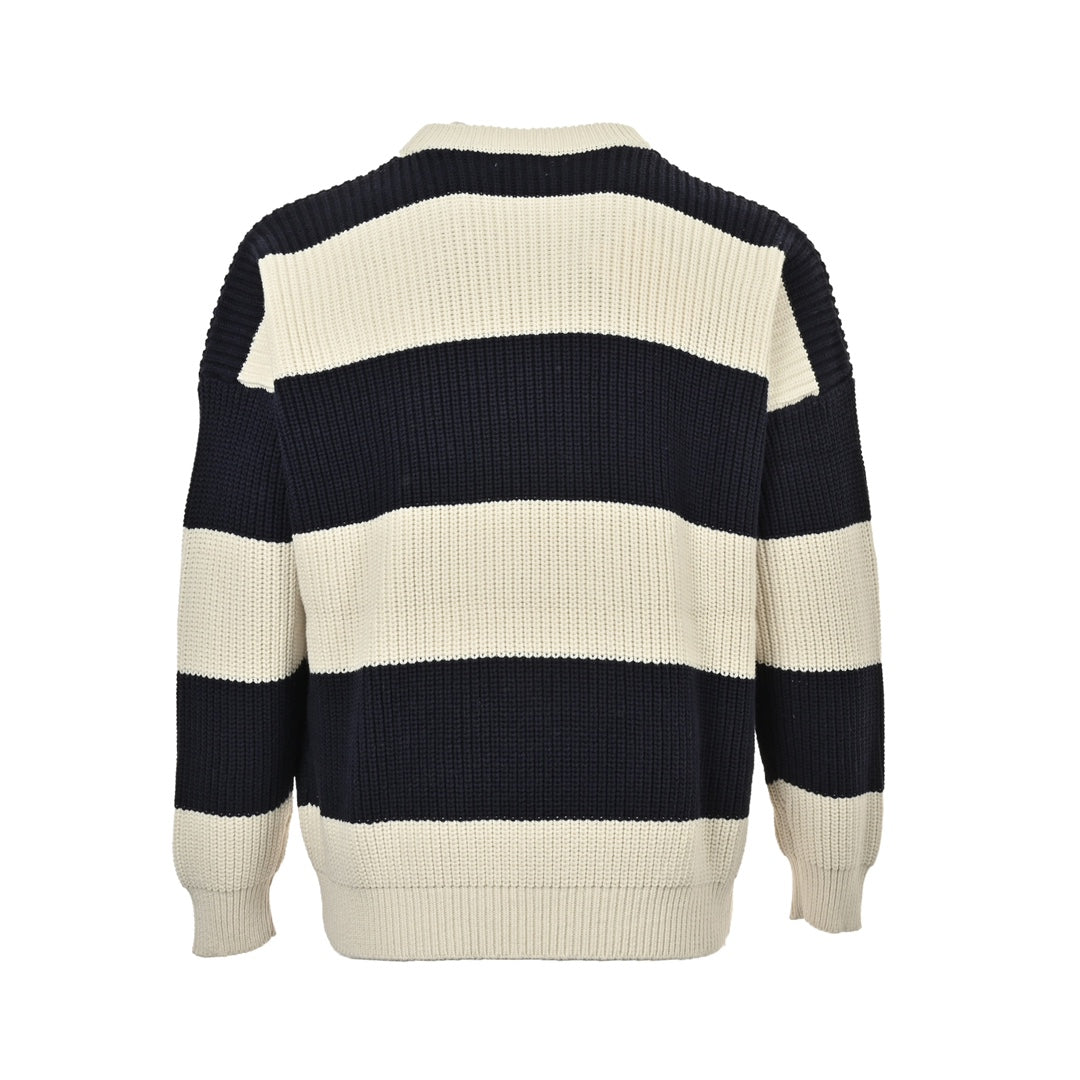 Black and white striped lettering crew neck sweater