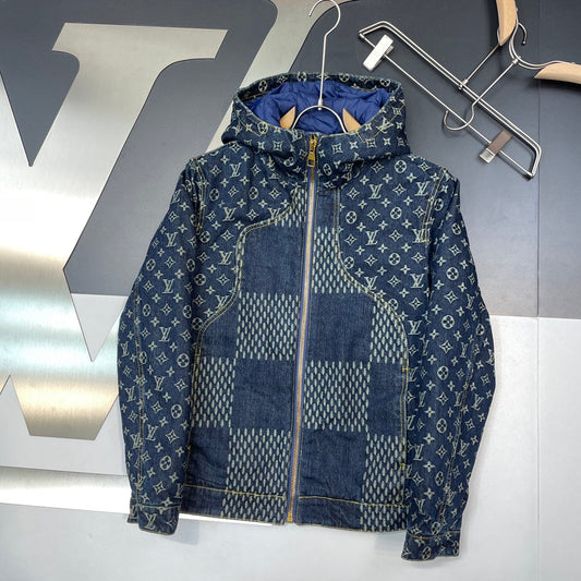 Checkerboard denim down jacket