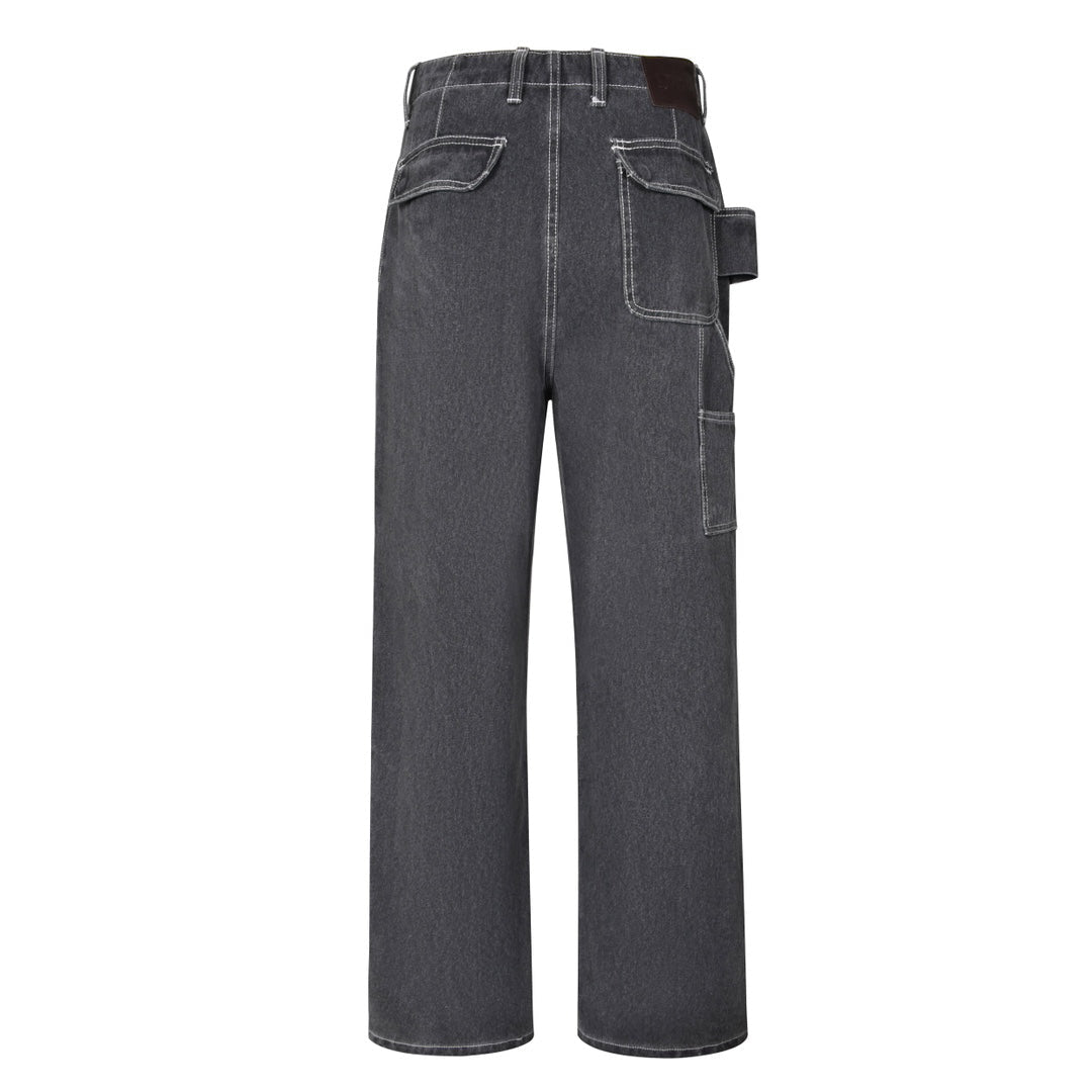 Leather pocket denim trousers