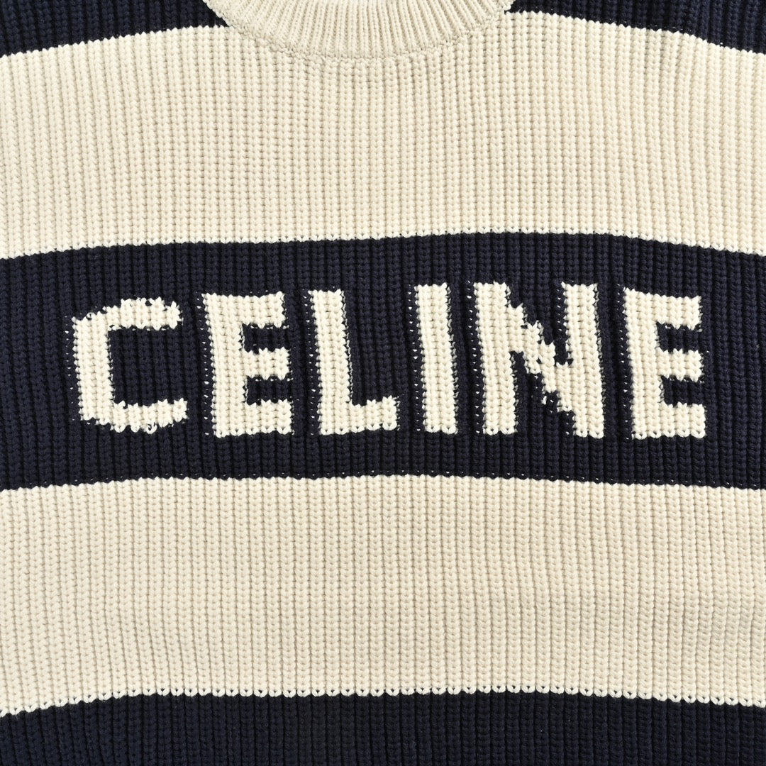 Black and white striped lettering crew neck sweater