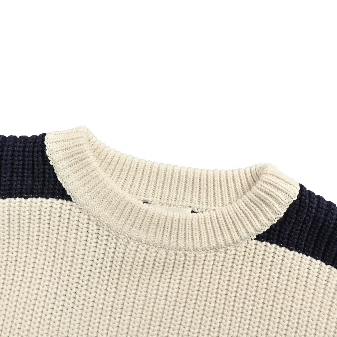 Black and white striped lettering crew neck sweater