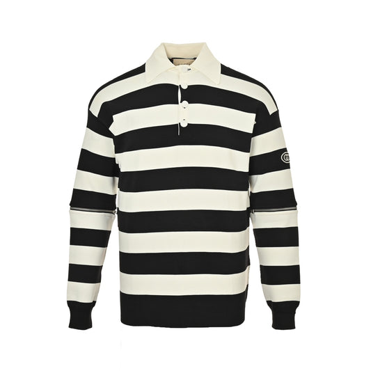 Long-sleeved sweater with striped lapel and detachable sleeves