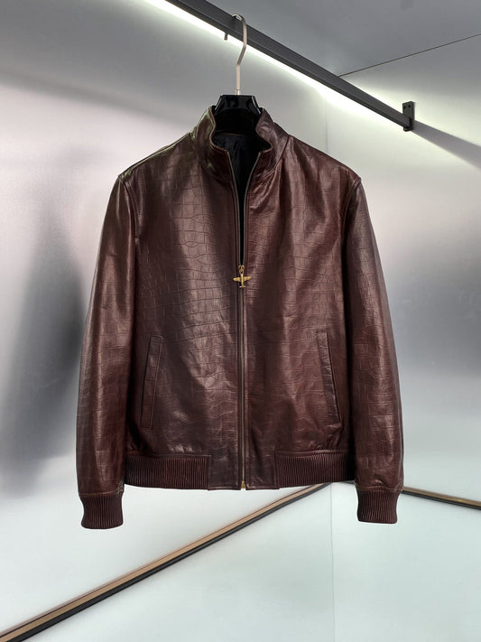 Stand collar leather jacket