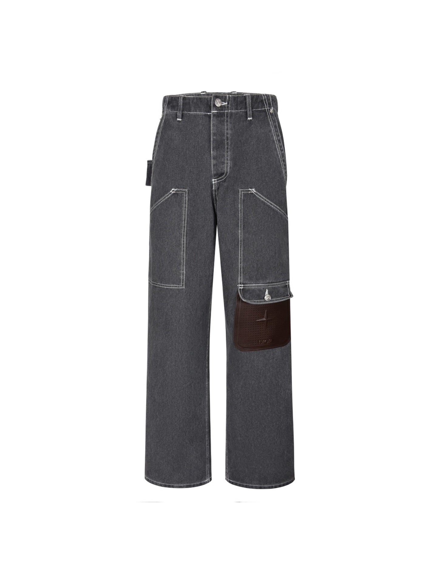 Multi-pocket patched leather jeans