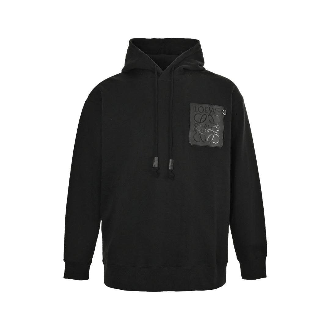 Hooded sweatshirt with embossed leather logo pocket on chest